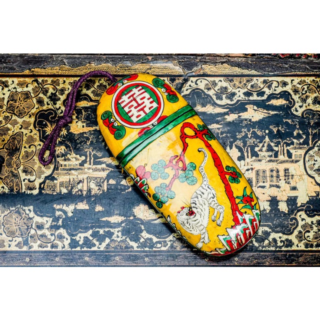Chinoiserie Colorful Hand Painted Antique Lacquer Asian Chinese Tiger Eyeglass Spectacle Case Chinoiserie Home Decor For Sale - Image 3 of 15
