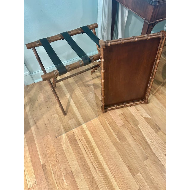 Vintage Faux Bamboo Palm Beach Folding Tray Table With Gallery Rail and Glass Top For Sale - Image 11 of 13
