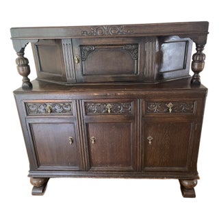 Antique 1920s Jacobean Revival Carved Oak Court Cupboard Buffet For Sale