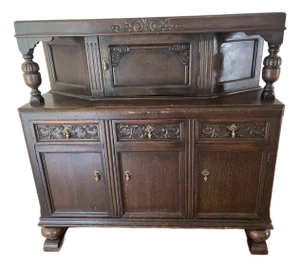 Antique 1920s Jacobean Revival Carved Oak Court Cupboard Buffet