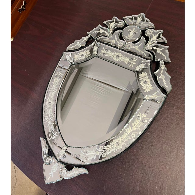 Glass Mid 20th Century Venetian-Style Etched Glass Mirror With Beveled Crest For Sale - Image 7 of 8