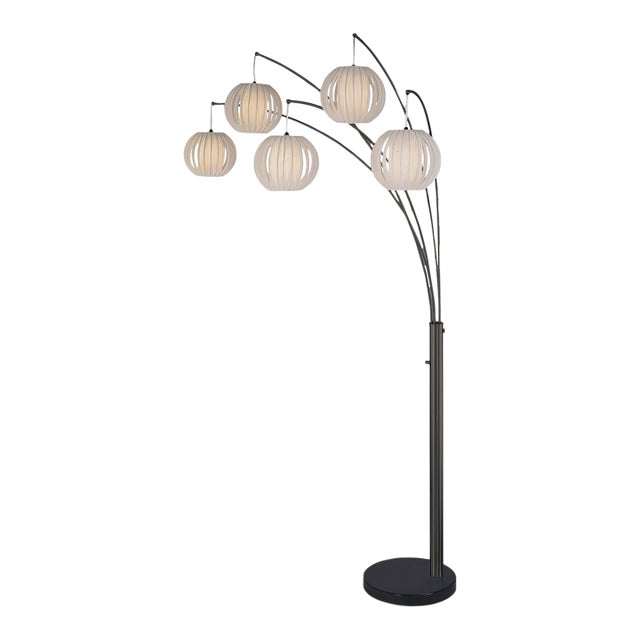 Bloom 5-Light Arc Floor Lamp - Black Nickel, Black Marble Base, White Satin Shade For Sale