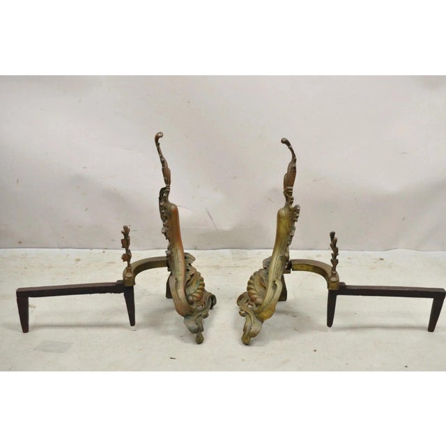 Antique French Rococo Baroque Style Brass Leafy Acanthus Andirons - A Pair For Sale - Image 10 of 12