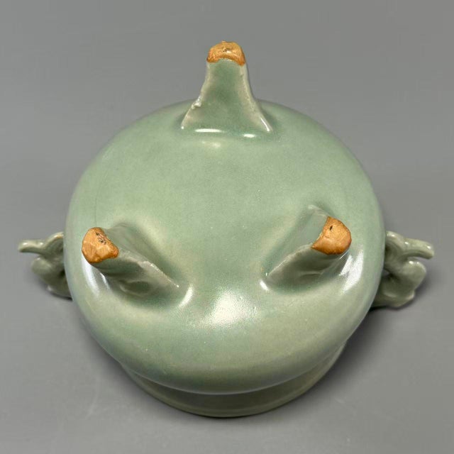 Vintage Chinese Longquan Celadon Porcelain Incense Burner | One of a Kind, Dragon‑Shaped Handles For Sale - Image 6 of 7