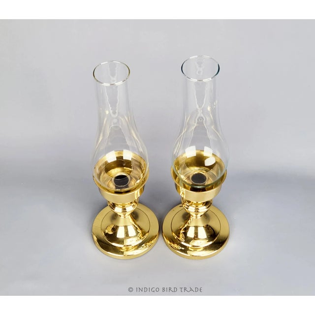 Mid-Century Modern Pair of Vintage Brass Copper Craft Usa Candle Holders With Hurricane Glass Shades For Sale - Image 3 of 8