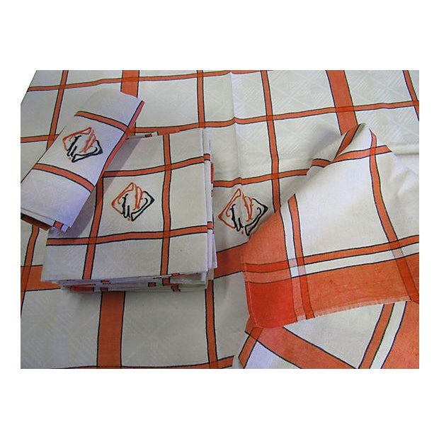 French Art Deco Monogrammed Tablecloth & 12 Napkins Black/Orange/ White
