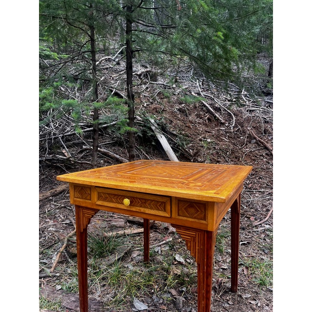 Antique Square Rustic Folk Inlay Marquetry Game / Chess Accent Table For Sale - Image 4 of 9