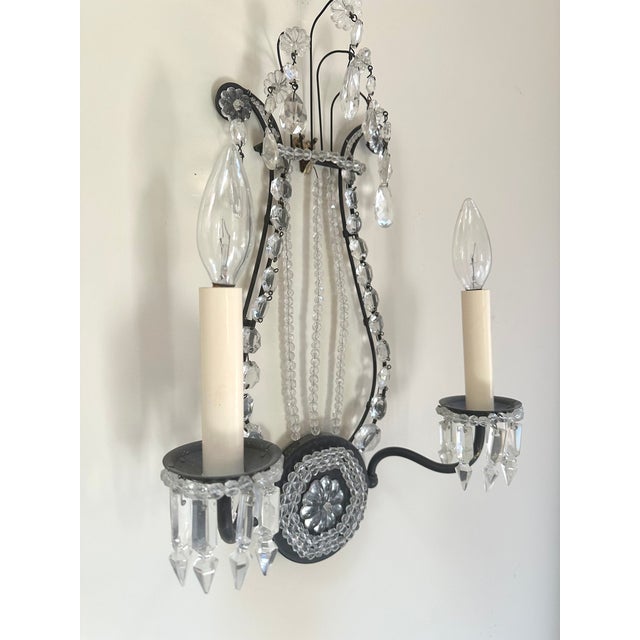 Glass Pair Classical Sconces With Lyre Shape, Circa 1920, Black Iron With Crystal, Restored. For Sale - Image 7 of 7