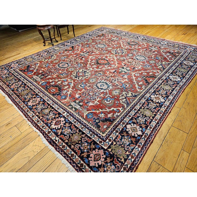 Antique Persian Mahal Sultanabad Rug, Hand-Knotted Wool, Geometric Pattern, 11x13, Red & Navy For Sale - Image 9 of 10