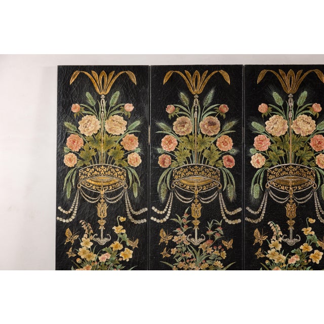 Black Lacquer Chinese Four-Panel Screen with Polychrome Floral Décor For Sale In New York - Image 6 of 12