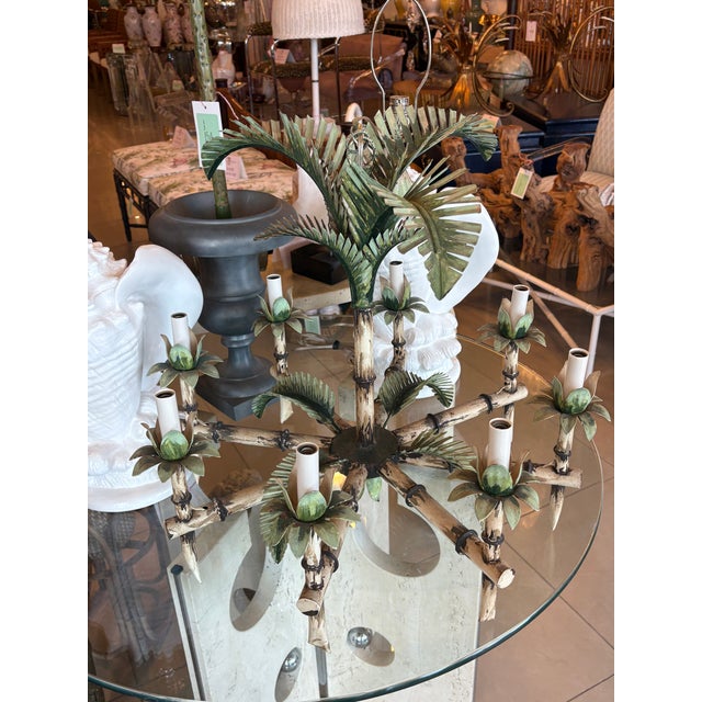 Vintage Tole Metal Palm Beach Tree Leaf Leaves 8 Light Chandelier For Sale - Image 12 of 17