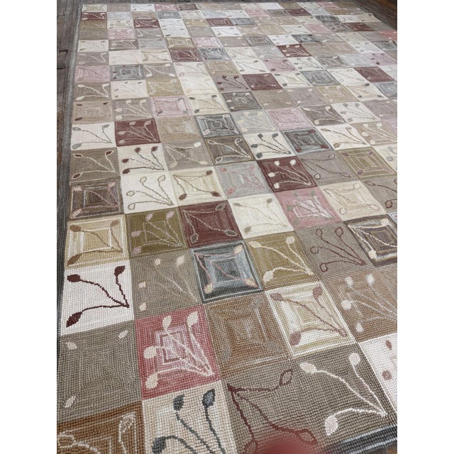 American 1980s Rustic Field Geometric Folk Art Vintage American Hooked Room Size Wool Rug For Sale - Image 3 of 6