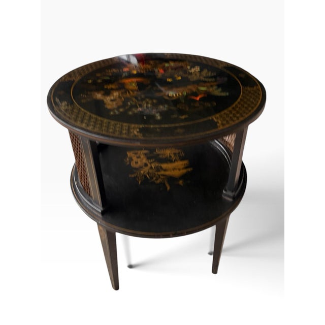 Vintage Chinoiserie Black Lacquer Round Two-Tier Side Table With Glass Top For Sale - Image 9 of 10