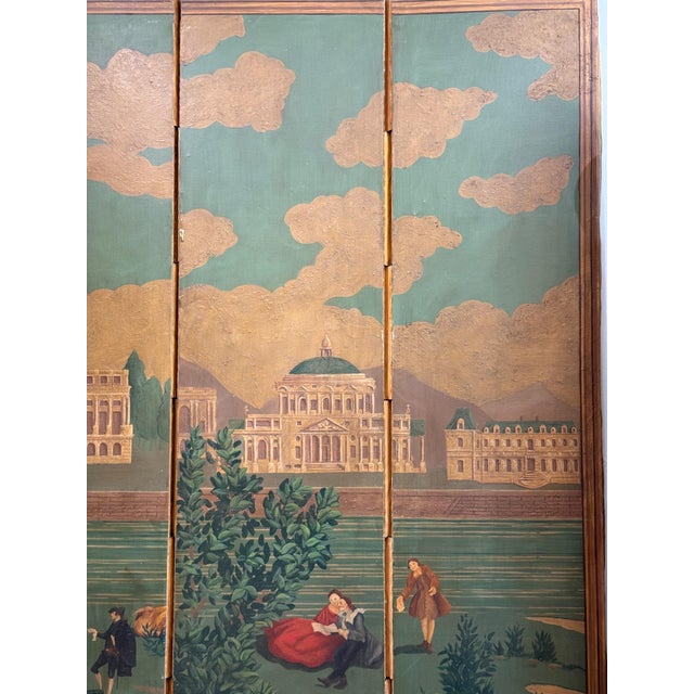 19th Century Continental Painted Four Panel Canvas Screen For Sale - Image 4 of 9