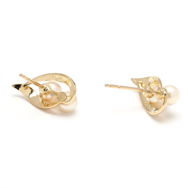 Modern Mikimoto Twin Pearl Stud Earrings, 18k Yellow Gold, Length .75 Inches, A Pair For Sale - Image 3 of 5