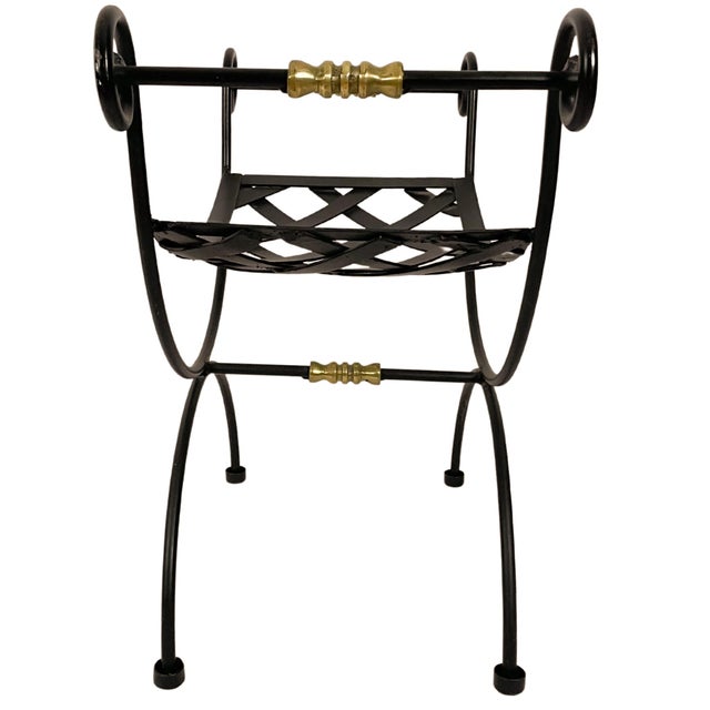 1940s Neoclassical Blacksmith Wrought Iron and Brass Curule Bench For Sale In San Diego - Image 6 of 10
