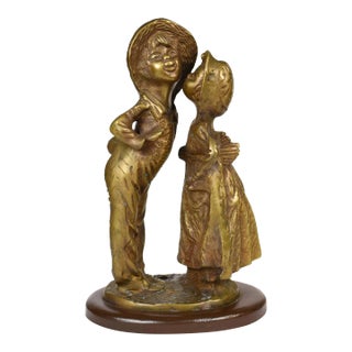 Mid 20th Century Heavy Brass Country Style Boys and Girl Figurine For Sale