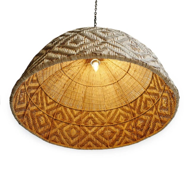 2020s Rattan Diamond Weave Tribal Pendant Light Large For Sale - Image 5 of 9