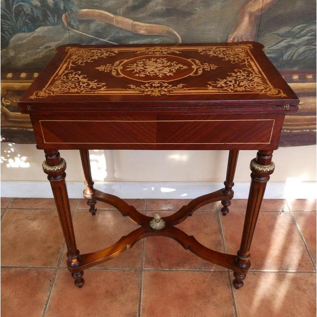 Green Antique Louis XVI French Walnut and Mahogany Games Table, 1920 For Sale - Image 8 of 18
