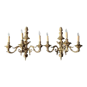 Mid 20th Century French Dore Bronze Three Arm Light Wall Sconces - a Pair