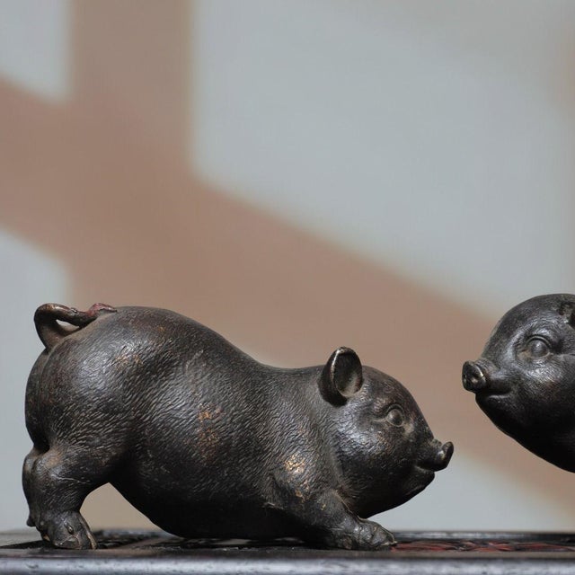 Metal Vintage Pair of Gilt Bronze Pig Figures - Chinese Zodiac Sculptures For Sale - Image 7 of 9