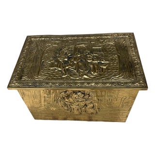 Mid 20th Century Pressed Embossed Brass Firewood Coal Kindling Box Fireside Tavern Scene For Sale
