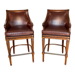 Frongate Wood and Leather Swivel Barstools - a Pair For Sale