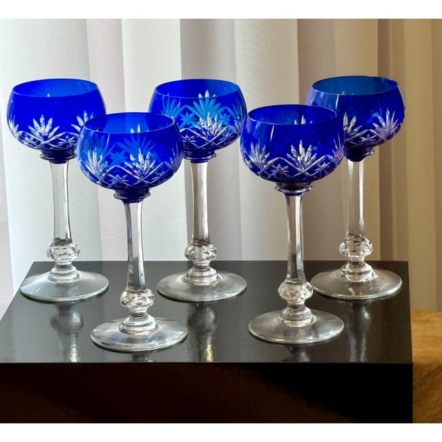 Cobalt Blue Massenet Crystal Hock Glasses by Saint-Louis, 1920, Set of 5 For Sale - Image 14 of 15