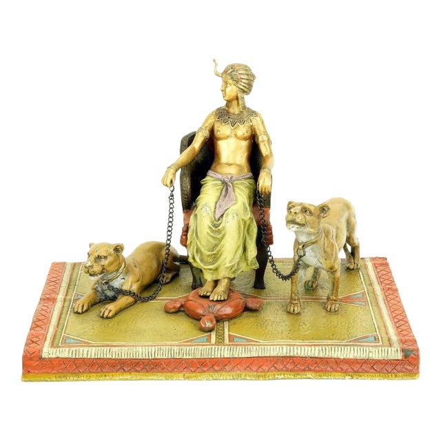 Orientalist Polychrome Bronze Pharaoh Sculpture with Lionesses For Sale