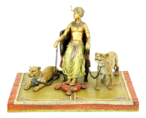 Orientalist Polychrome Bronze Pharaoh Sculpture with Lionesses