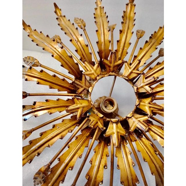 Large Spanish Sunburst Flush Mount in Gilt Metal with Support, 1950 For Sale - Image 3 of 10