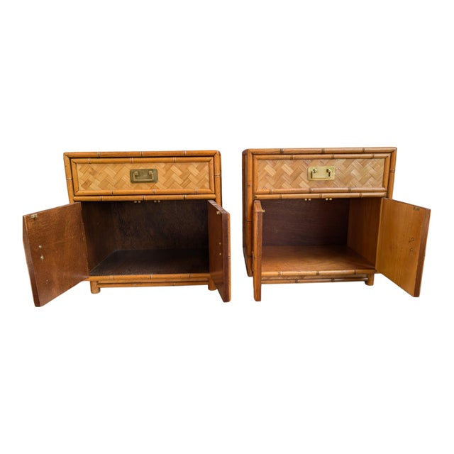 Campaign Vintage Faux Bamboo Pair of 2 Nightstands With Herringbone Parquet Rattan Fronts, in the Style of Dixie For Sale - Image 3 of 13
