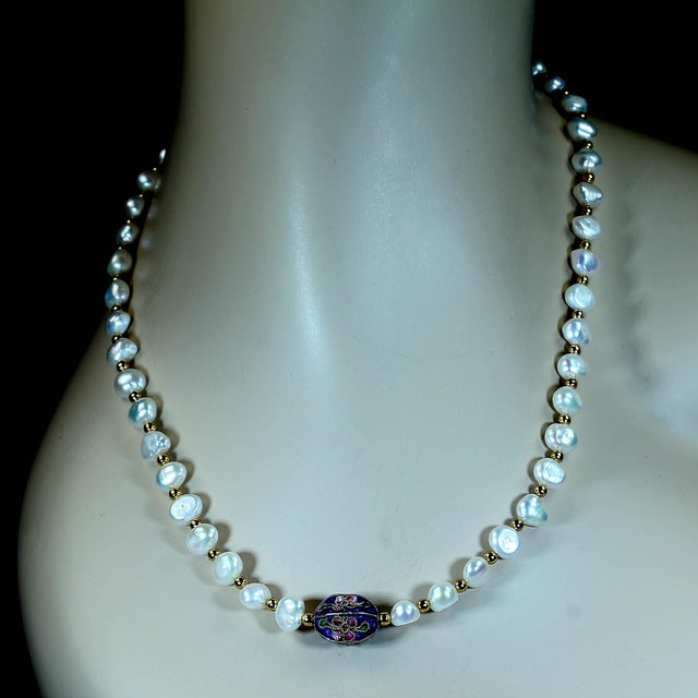 Ajd 19 Inch Double Shine White Pearl Necklace With Cloisonné Focal For Sale - Image 4 of 6