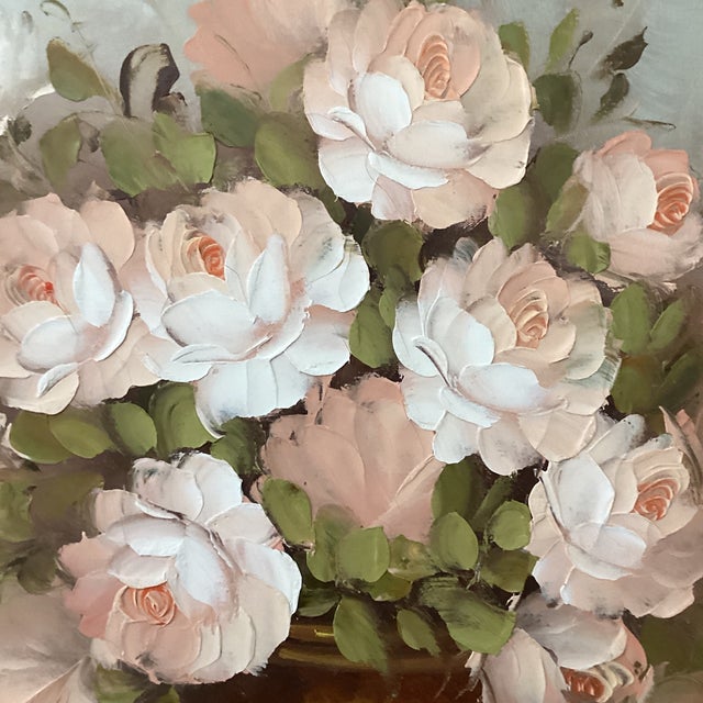 Mid 20th Century Vintage Floral Still Life Rose Bouquet in Vase Oil Painting on Canvas Signed Framed For Sale - Image 5 of 12