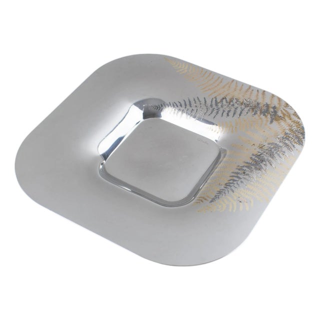 Roberto Sambonet Chrome Centerpiece Serving Bowl Dish With Copper Fern Design For Sale