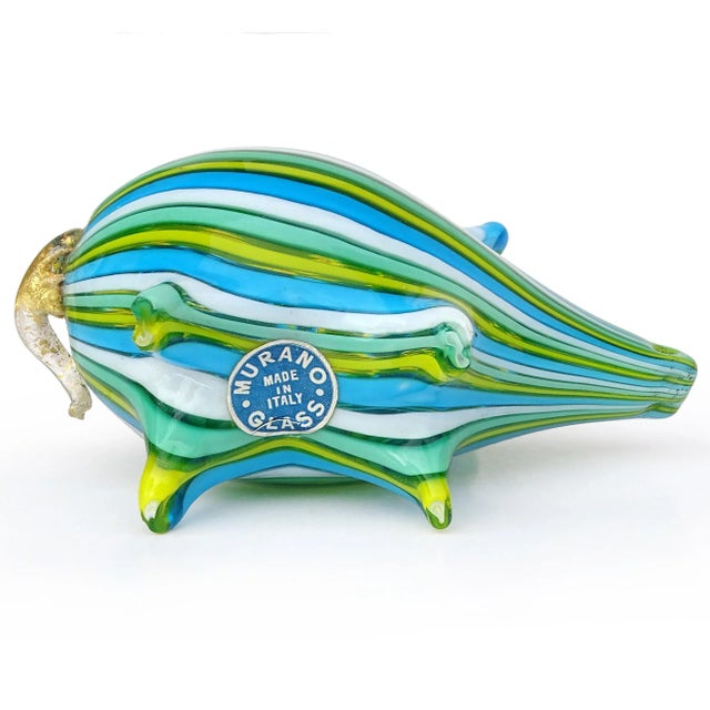 Glass Vintage Murano Fratelli Toso Blue Green White Yellow Stripes Gold Flecks Italian Art Glass Pig Figurine Sculpture For Sale - Image 7 of 10