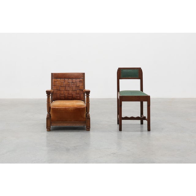 A distinctive Belgian Art Deco lounge chair dating from the 1920s, combining artisanal craftsmanship with the warm...