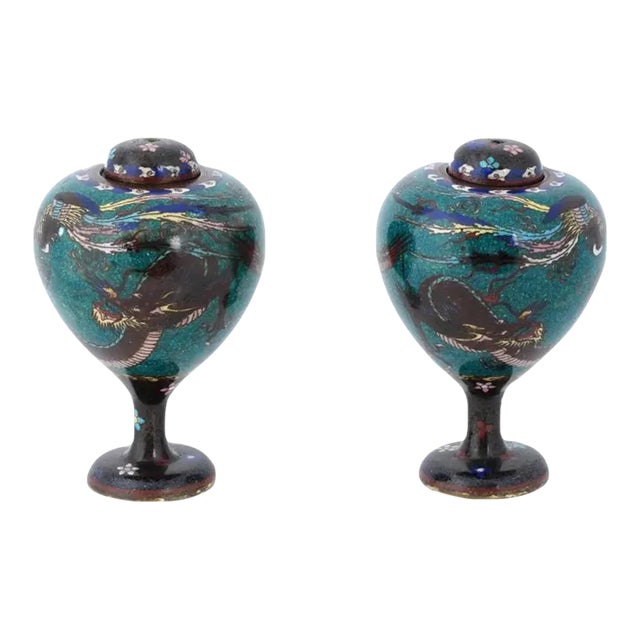 Antique Pair of Japanese Cloisonne Enamel Dragon and Phoenix Bird Jars For Sale