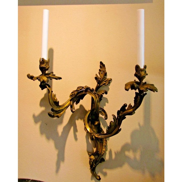 Antique French 19th Century Louis XV Gilt Bronze Two Light Wall Sconces - a Pair For Sale - Image 4 of 18