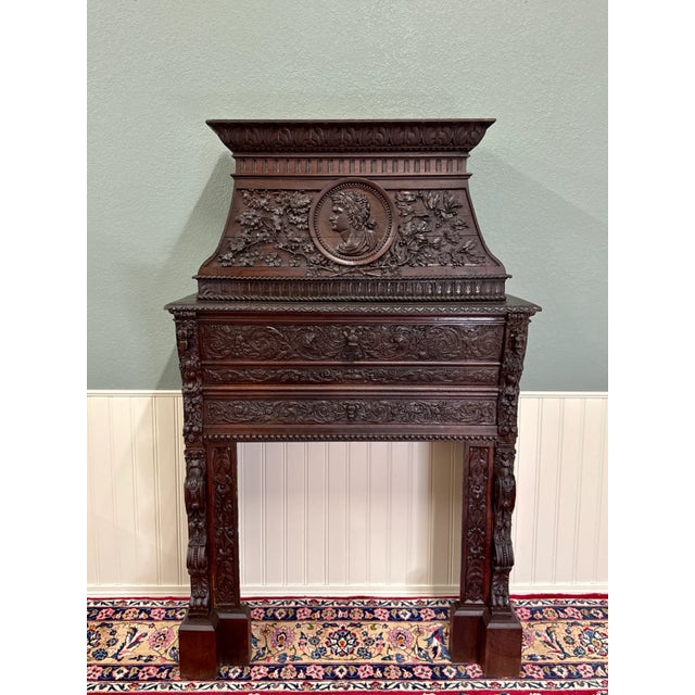 Antique French Fireplace Mantel Surround Renaissance Revival Carved Oak 19thC For Sale - Image 11 of 17