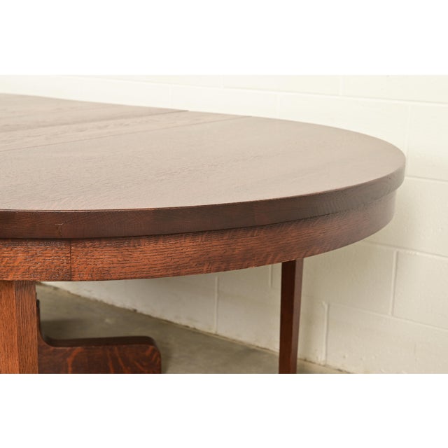 Gustav Stickley Style Antique Mission Oak Arts & Crafts Pedestal Extension Dining Table, Newly Refinished For Sale - Image 10 of 12