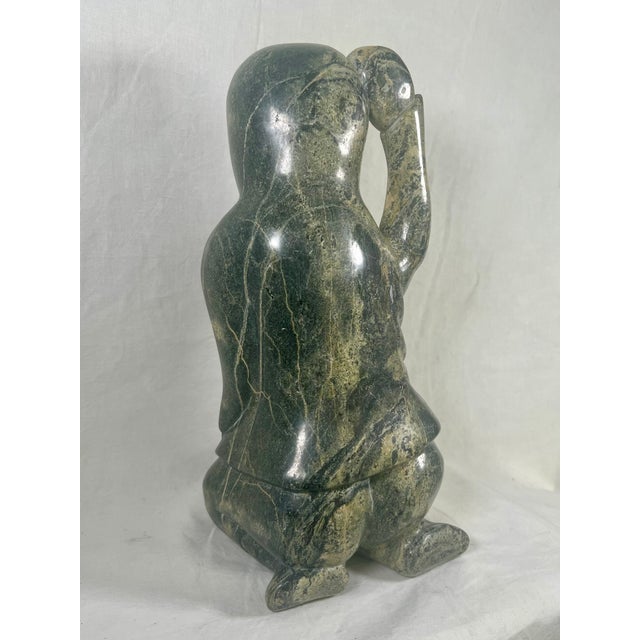 Dark Green Large 13lb Vintage Inuit Stone Carving - Kneeling Figure in Parka, C. Mid-20th Century For Sale - Image 8 of 9