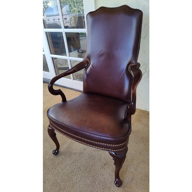 Queen Anne Burgundy Naugahyde Queen Anne Open Armchair - Late 20th Century For Sale - Image 3 of 11