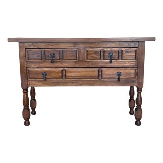 19th Century Catalan Spanish Carved Walnut Console Sofa Table, Four Drawers For Sale
