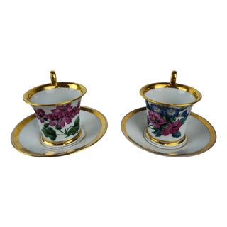 Biedermeier Cups with Gilt Decorations and Floral Painting, Set of 4 For Sale