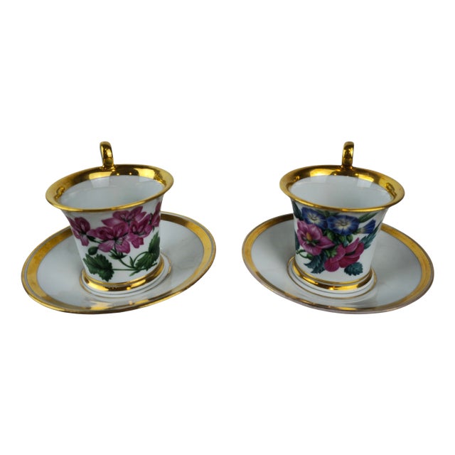 Biedermeier Cups with Gilt Decorations and Floral Painting, Set of 4 For Sale