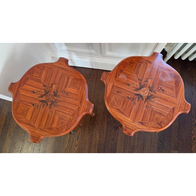 Vintage French-Style Floral Marquetry Nightstands With Turned Legs — A Pair For Sale - Image 4 of 18