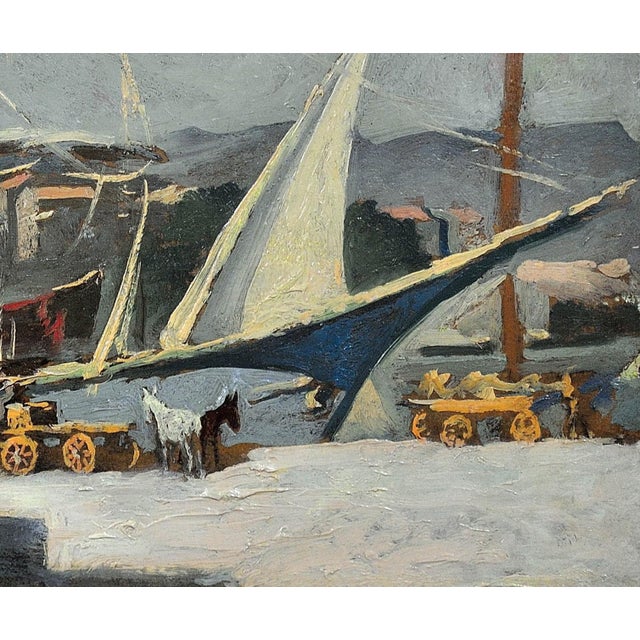 Paul Bret, Unloading & Loading Ships, Palermo Harbour, Sicily, 1930s, Oil Painting, Framed For Sale - Image 8 of 18