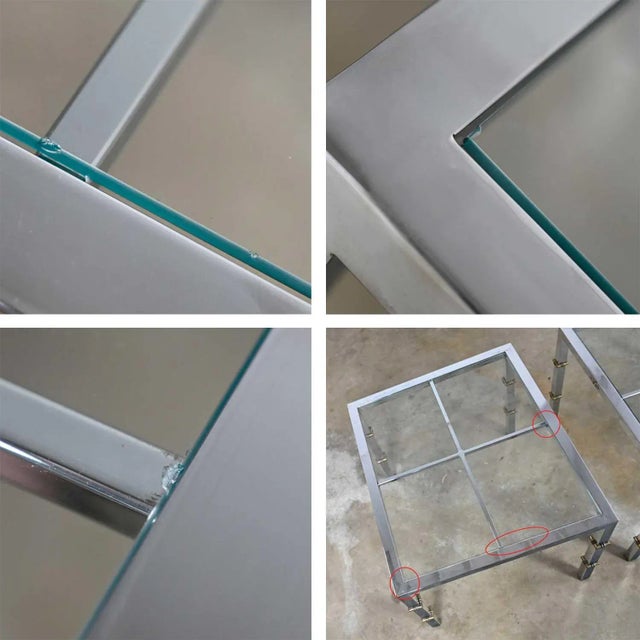Hollywood Regency Chrome & Glass Square End Tables Brass Details a Pair Style of Maison Jansen For Sale - Image 12 of 16