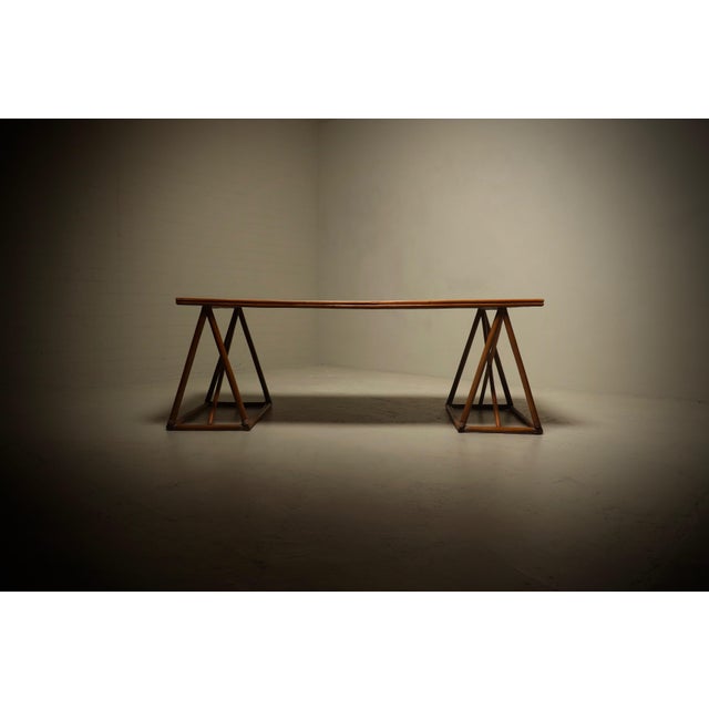 1970s Mid-Century Modern Italian Trestle Dining Table in Bamboo and Rattan, 1970s For Sale - Image 5 of 15